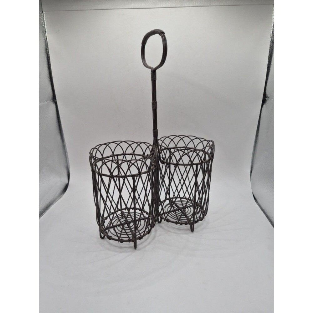 Metal Black Wire Wicker 2 Caddy Carrier Tote W/ Handle Wine Caddy Utensil Caddy
